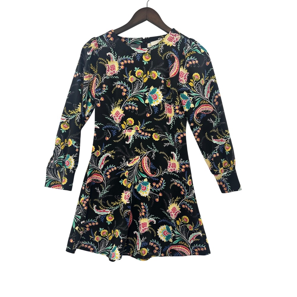 LOFT Floral Paisley Mini Dress Women 00P Black Long Sleeve Excellent Fit & Flare